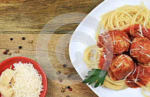 Spaghetti pasta with meatballs, tomato sauce.