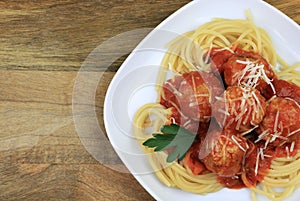 Spaghetti pasta with meatballs, tomato sauce.