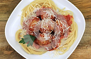Spaghetti pasta with meatballs, tomato sauce.