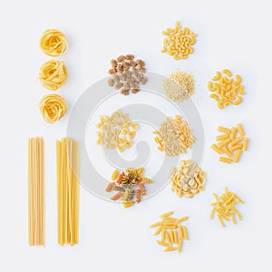 Italian cuisine. Set of assorted types of pasta: spaghetti, macaroni, cannelloni, fettuccine, fusilli, farfalle, tagliatelle and
