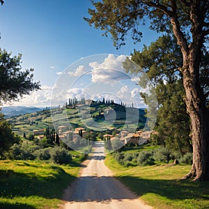 Italian cypress trees rows and a white road rural landscape. Siena, Tuscany, Italy, Europe. made with Generative AI