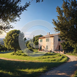 Italian cypress trees rows and a white road rural landscape. Siena, Tuscany, Italy, Europe. made with Generative AI