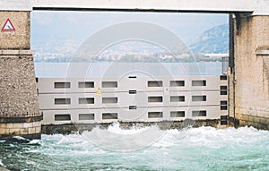 Italian dam - Diga di Olginate - divides the lakes Garlate and Olginate, regulates the Lake Como level and distribute