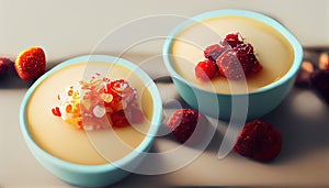 Italian dessert - panna cotta with berries and caramel sauce. Generative AI.