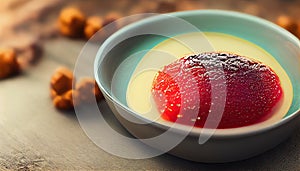 Italian dessert - panna cotta with berries and caramel sauce. Generative AI.
