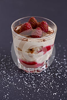 Italian dessert panna cotta with raspberries and cocoa powder served in small glass over black background.