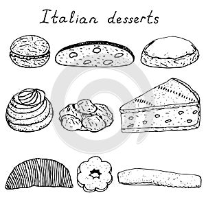 Italian desserts set vector illustration, hand drawing sketch