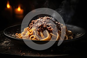 Italian dish of spaghetti Bolognese in cozy trattoria. AI generated