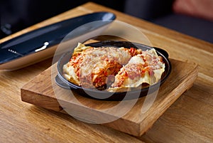 Italian dish. Traditional Italian lasagna cooked in a frying pan