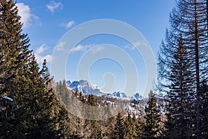 Italian Dolomites mountains landscape on winter, Passo San Pellegrino, Moena, Trentino