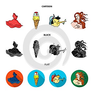 Italian dress, gelato, pinocchio, goddess of love. Italy set collection icons in cartoon,black,flat style vector symbol