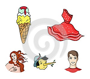 Italian dress, gelato, pinocchio, goddess of love. Italy set collection icons in cartoon style vector symbol stock