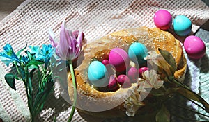 Italian Easter bread with eggs and flovers