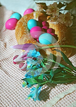 Italian Easter bread with eggs and flovers