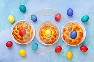 Italian Easter nests made from yeast dough with boiled eggs