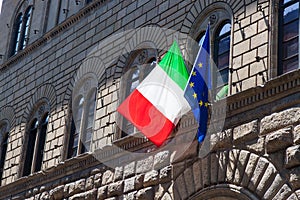 Italian and European Union Flag Hang Together in Florence