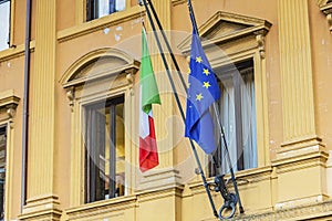 Italian and european union flags in Rome