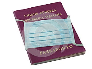 Italian European Union Passport passaporto translate passport wearing surgical mask isolated on white photo