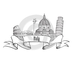 Italian famous landmarks symbol. Trave Italy label. Italy skyline.