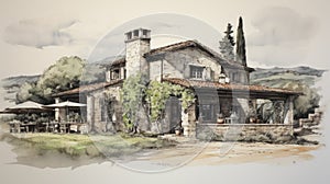 Italian Farmhouse Watercolor Illustration With Realistic Renderings