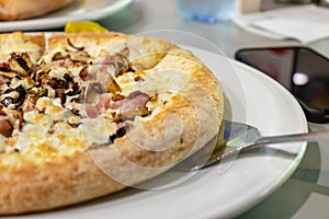 Italian fast food, delicious hot pizza with bacon and mushrooms sliced and served on a white plate, close up