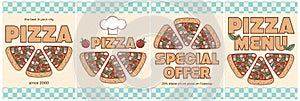 Italian fast food piece pizza. Set of poster, card, flyer, menu, special offer. Vector illustration.