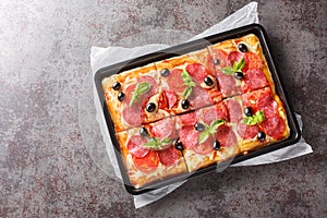 Italian fast food rectangular pizza with mozzarella, salami sausage, olives and tomatoes close-up in a baking sheet. horizontal