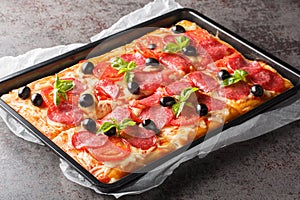 Italian fast food rectangular pizza with mozzarella, salami sausage, olives and tomatoes close-up in a baking sheet. horizontal