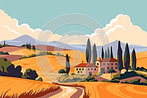 Italian fields landscape. Cartoon countryside panorama with Tuscany hills and village houses, rural valley with trees