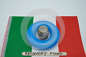 An Italian flag, with coins with a lifebuoy, with written recovery fund