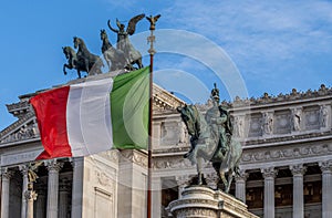 Italian flag in front of the Monument to Victor Emmanuel II, Rome, Italy