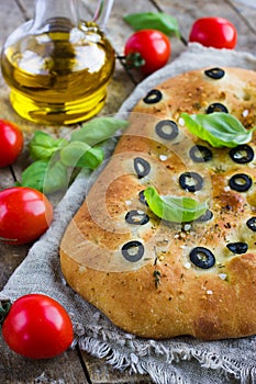 Italian focaccia bread with black olives