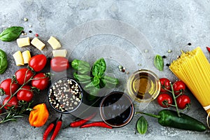 Italian food background with different types of pasta, health or