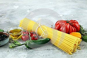 Italian food background with different types of pasta, health or