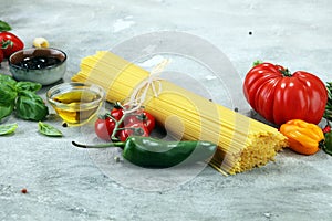 Italian food background with different types of pasta, health or