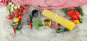 Italian food background with different types of pasta, health or