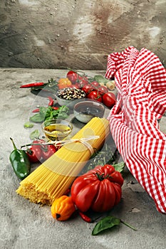 Italian food background with different types of pasta, health or