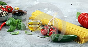 Italian food background with different types of pasta, health or