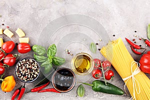 Italian food background with different types of pasta, health or