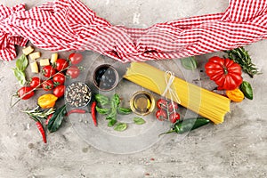 Italian food background with different types of pasta, health or