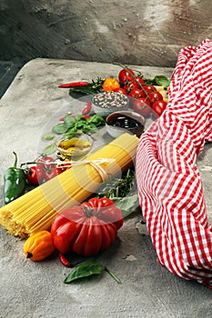 Italian food background with different types of pasta, health or