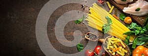 Italian food background. Pasta and meat.