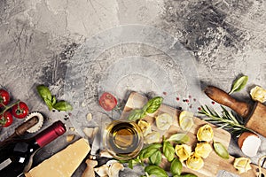 Italian food background. Slate background with space for text