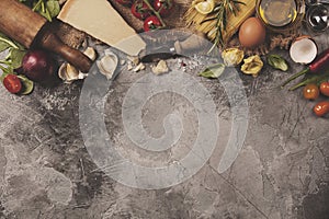 Italian food background. Slate background with space for text photo