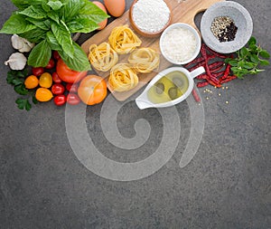 Italian food background, with tomatoes, basil, mushrooms, olives