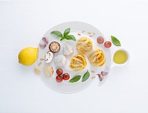 Italian food background, with tomatoes, lemon, basil, pasta, par