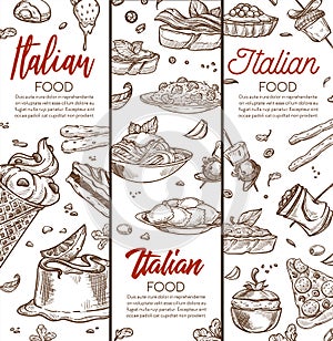Italian food banner with dishes hand drawn sketches and text