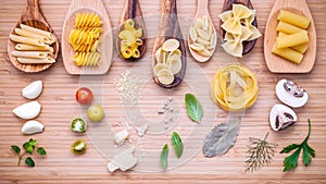 Italian food concept .Various kind of pasta in wooden spoons wit