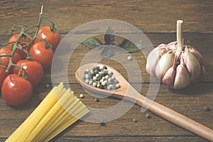 Italian food cooking ingredients. Pasta, vegetables, spices