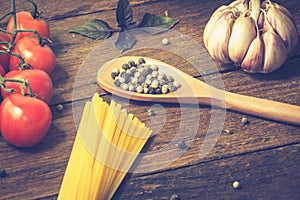 Italian food cooking ingredients. Pasta, vegetables, spices